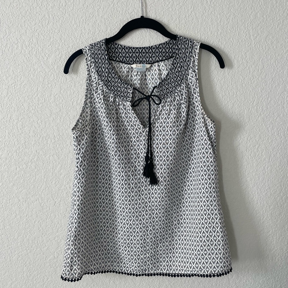 BODEN Sleeveless Tank Top Tassel Tie Black Print